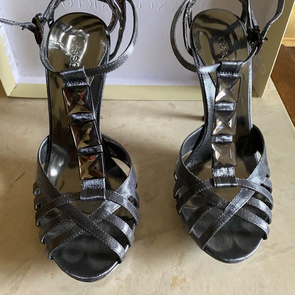 Satin, dark gray with dark gray jeweled top strap.